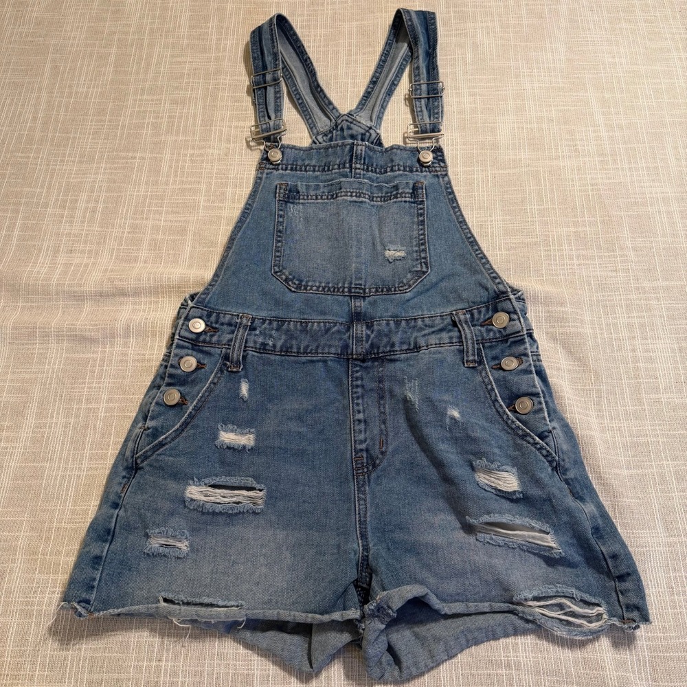 Altar'd State Distressed Denim Shortalls Medium Wash Raw Hem Womens S Distressed